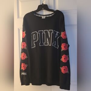Victoria's Secret PINK Campus Crew Black Embroidered Red Rose Floral Sweatshirt
